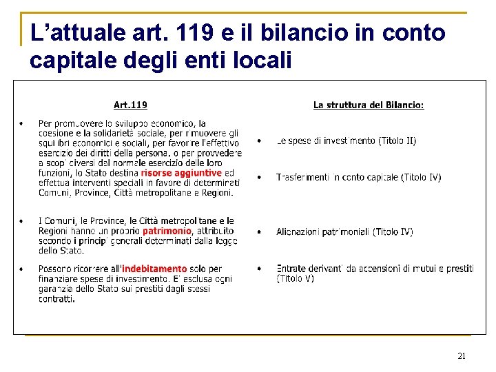 L’attuale art. 119 e il bilancio in conto capitale degli enti locali 21 