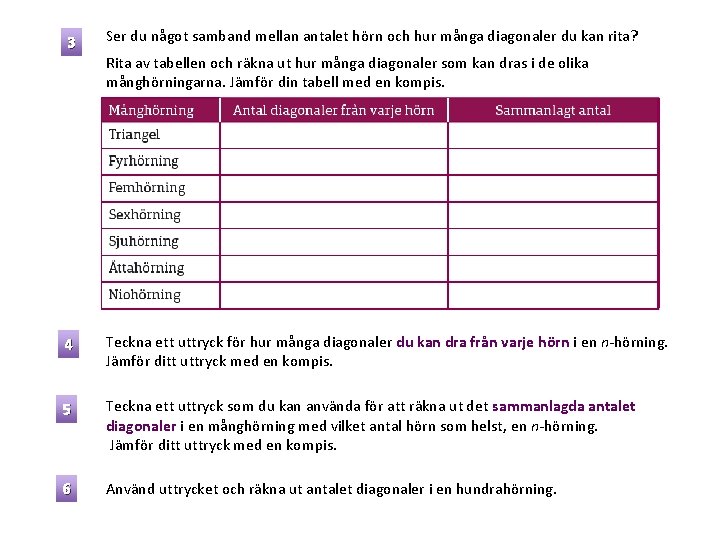 3 Ser du något samband mellan antalet hörn och hur många diagonaler du kan