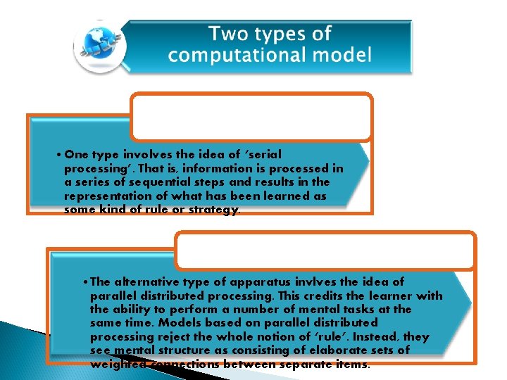  • One type involves the idea of ‘serial processing’. That is, information is