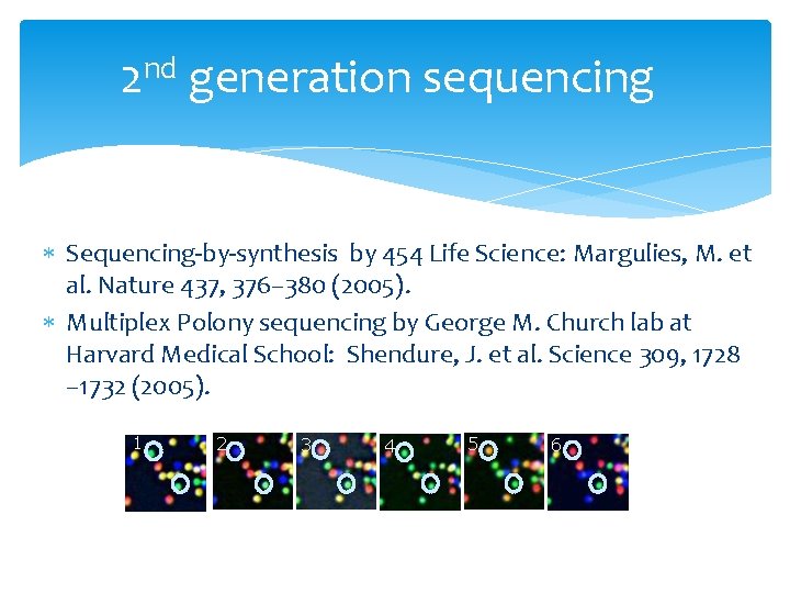 2 nd generation sequencing Sequencing-by-synthesis by 454 Life Science: Margulies, M. et al. Nature