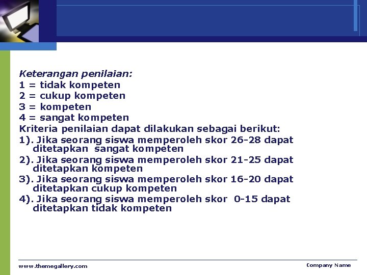 Keterangan penilaian: 1 = tidak kompeten 2 = cukup kompeten 3 = kompeten 4