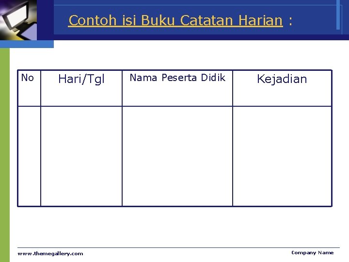 Contoh isi Buku Catatan Harian : No Hari/Tgl www. themegallery. com Nama Peserta Didik