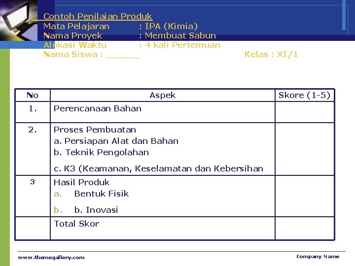 Contoh Penilaian Produk Mata Pelajaran : IPA (Kimia) Nama Proyek : Membuat Sabun Alokasi