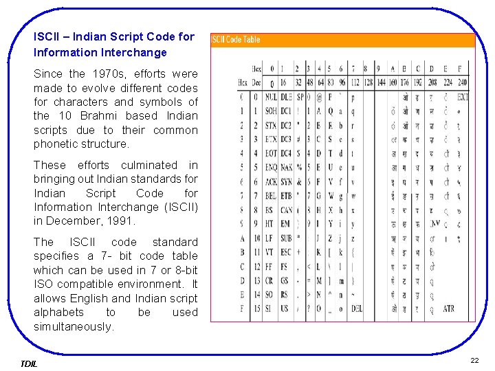 ISCII – Indian Script Code for Information Interchange Since the 1970 s, efforts were