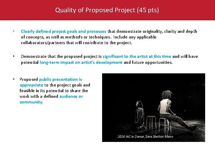 Quality of Proposed Project (45 pts) • Clearly defined project goals and processes that
