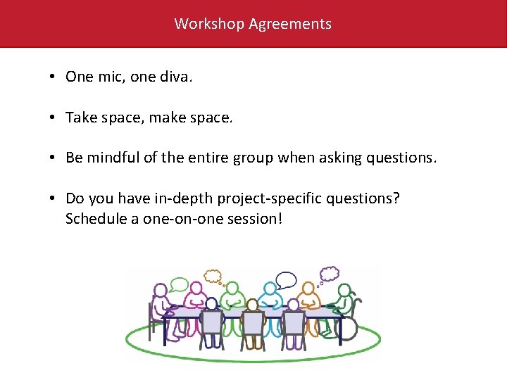 Workshop Agreements • One mic, one diva. • Take space, make space. • Be