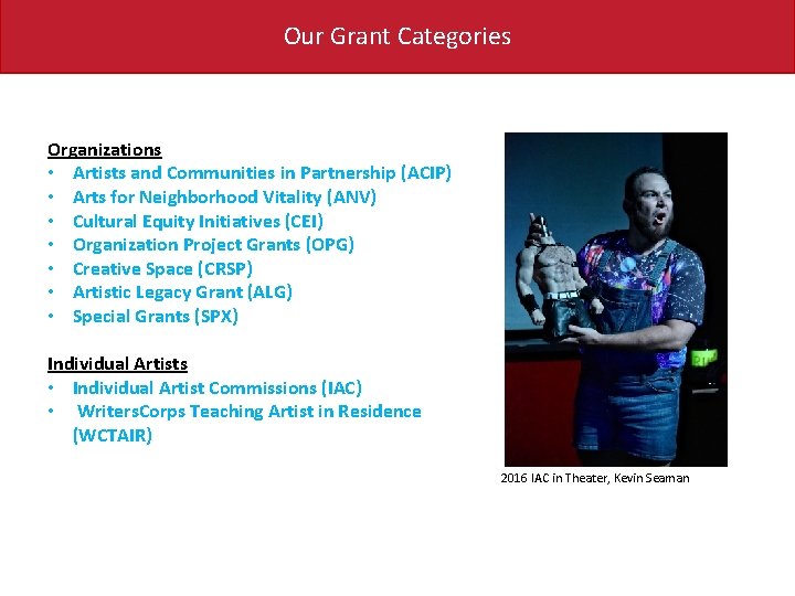 Our Grant Categories Organizations • Artists and Communities in Partnership (ACIP) • Arts for