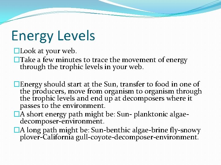 Energy Levels �Look at your web. �Take a few minutes to trace the movement
