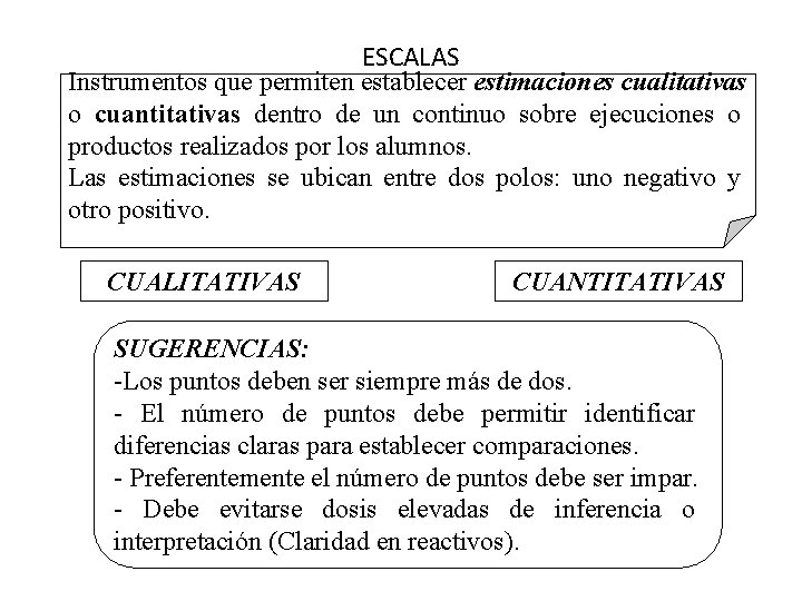 ESCALAS Instrumentos que permiten establecer estimaciones cualitativas o cuantitativas dentro de un continuo sobre