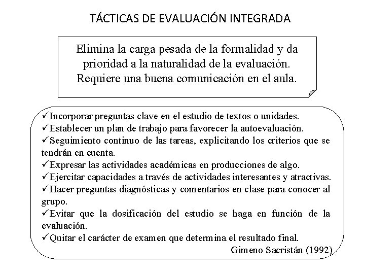 TÁCTICAS DE EVALUACIÓN INTEGRADA Elimina la carga pesada de la formalidad y da prioridad TÁCTICAS DE EVALUACIÓN INTEGRADA Elimina la carga pesada de la formalidad y da prioridad