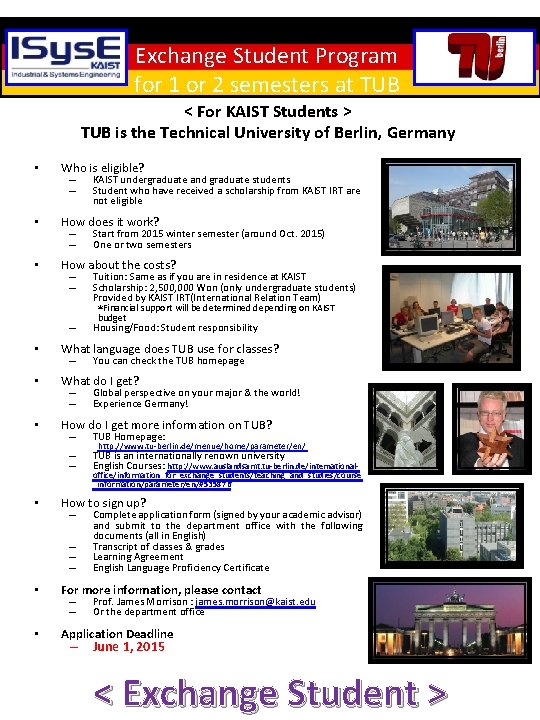 Exchange Student Program for 1 or 2 semesters at TUB < For KAIST Students