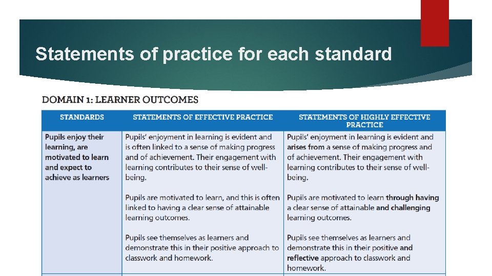 Statements of practice for each standard 