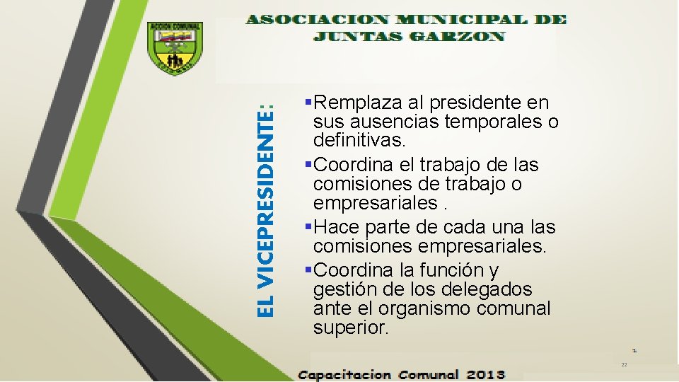 EL VICEPRESIDENTE: §Remplaza al presidente en sus ausencias temporales o definitivas. §Coordina el trabajo
