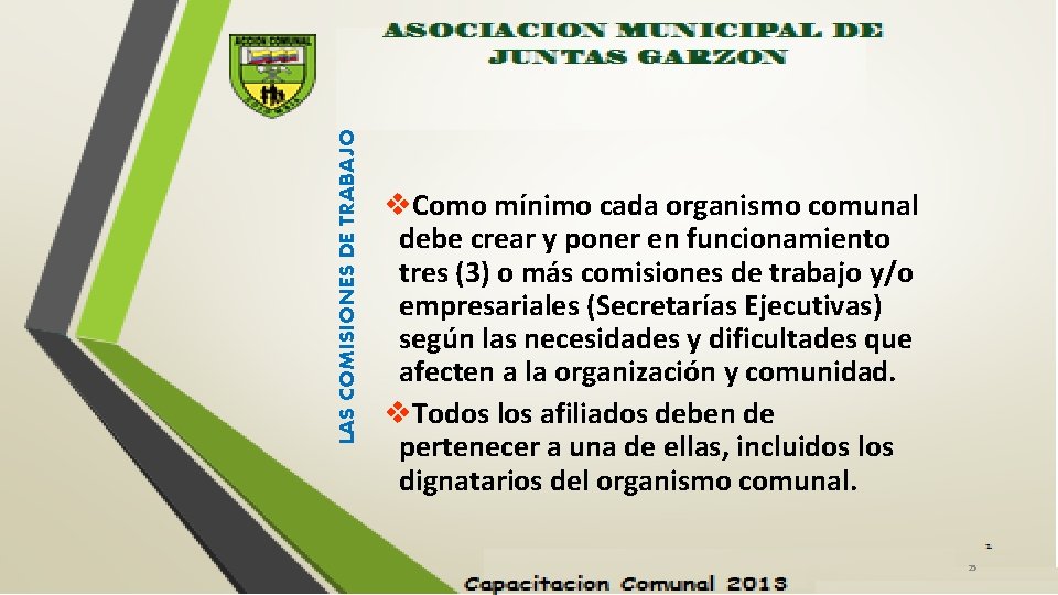 LAS COMISIONES DE TRABAJO v. Como mínimo cada organismo comunal debe crear y poner
