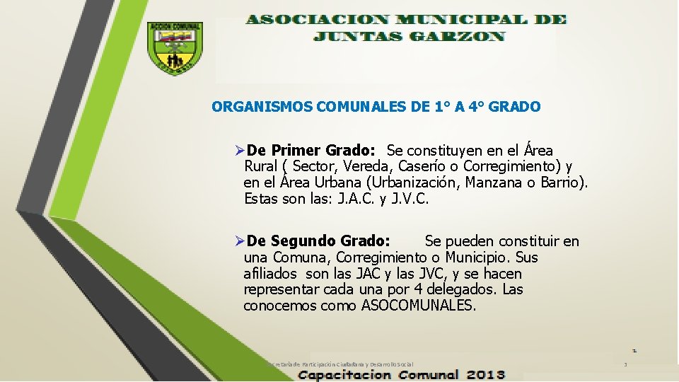 ORGANISMOS COMUNALES DE 1° A 4° GRADO ØDe Primer Grado: Se constituyen en el