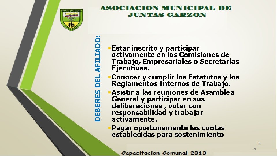 DEBERES DEL AFILIADO: § Estar inscrito y participar activamente en las Comisiones de Trabajo,