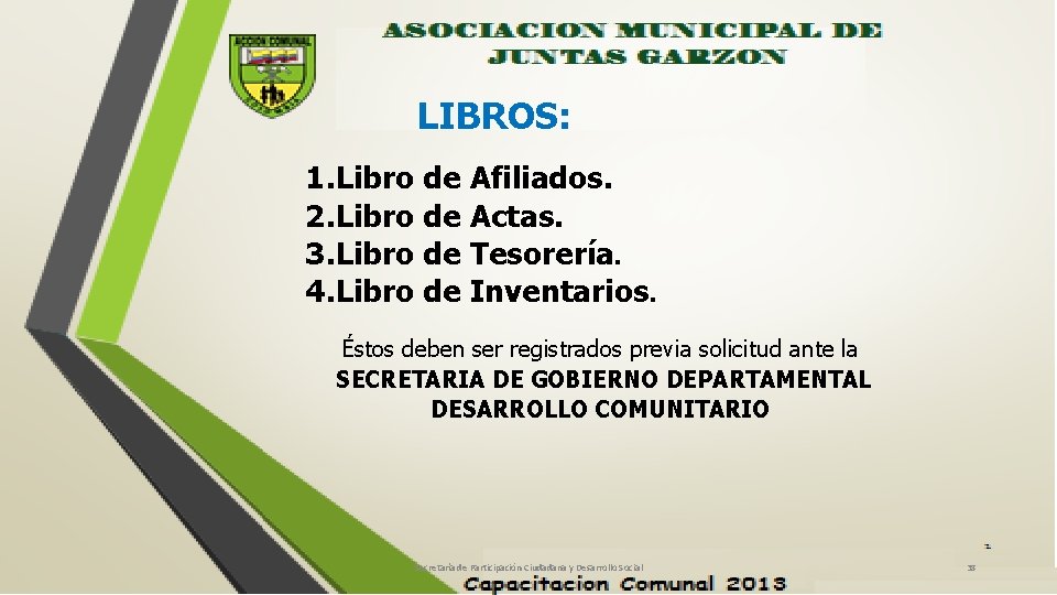 LIBROS: 1. Libro de Afiliados. 2. Libro de Actas. 3. Libro de Tesorería. 4.