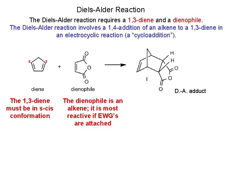Diels-Alder Reaction The Diels-Alder reaction requires a 1, 3 -diene and a dienophile. The