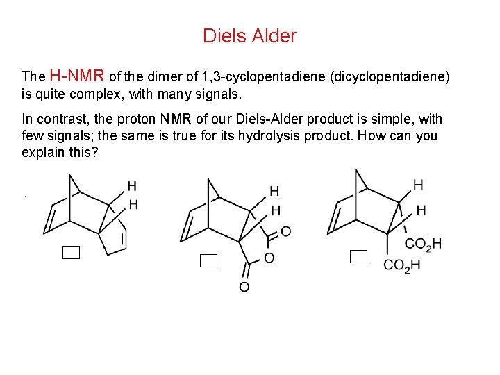 Diels Alder The H-NMR of the dimer of 1, 3 -cyclopentadiene (dicyclopentadiene) is quite