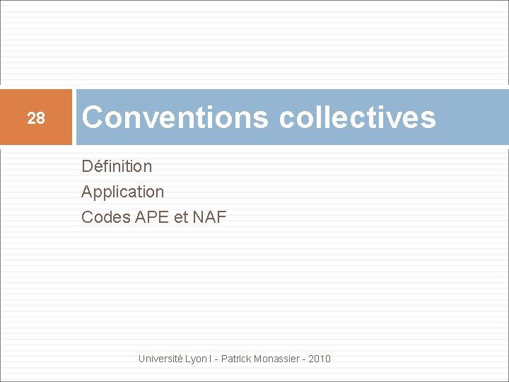 28 Conventions collectives Définition Application Codes APE et NAF Université Lyon I - Patrick