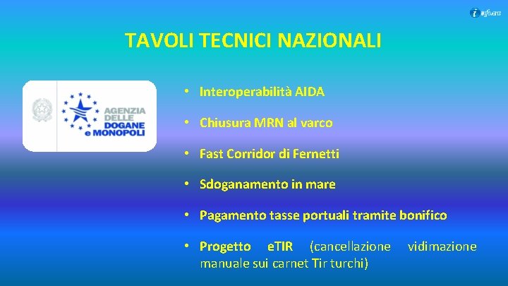 TAVOLI TECNICI NAZIONALI • Interoperabilità AIDA • Chiusura MRN al varco • Fast Corridor