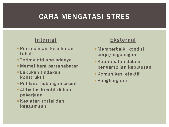 CARA MENGATASI STRES Internal § Pertahankan kesehatan tubuh § Terima diri apa adanya §