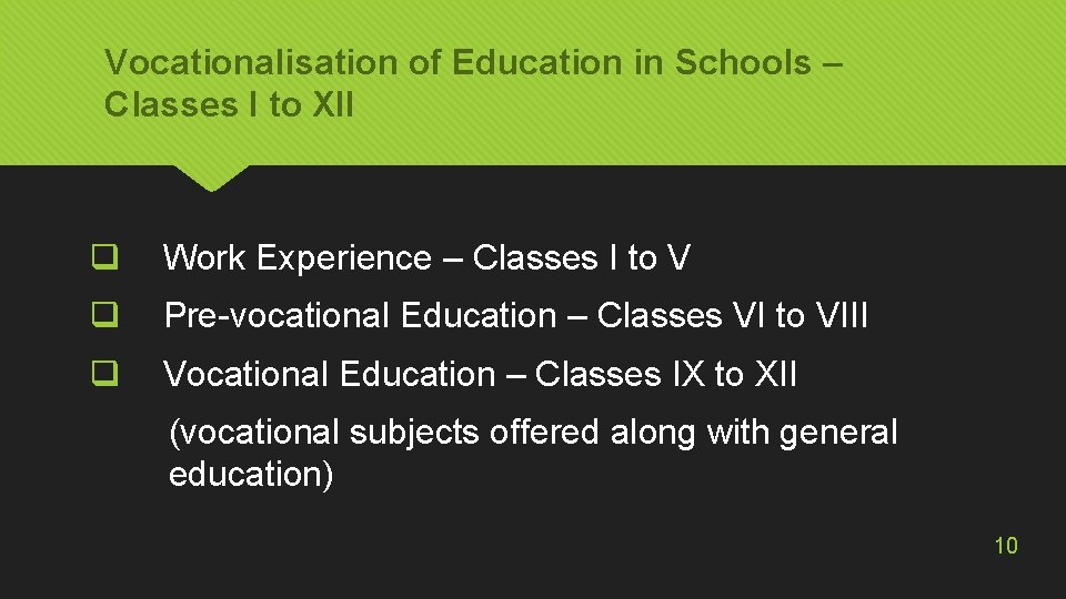 Vocationalisation of Education in Schools – Classes I to XII q Work Experience –