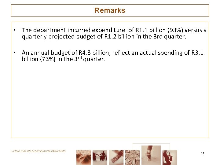 Remarks • The department incurred expenditure of R 1. 1 billion (93%) versus a