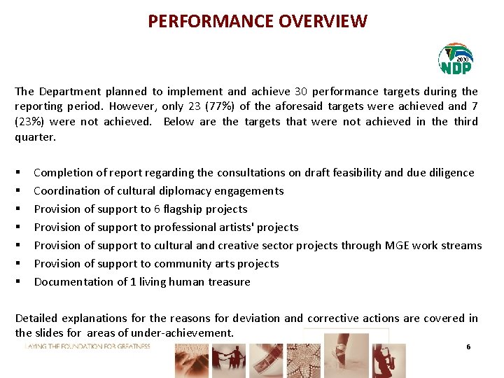 PERFORMANCE OVERVIEW The Department planned to implement and achieve 30 performance targets during the