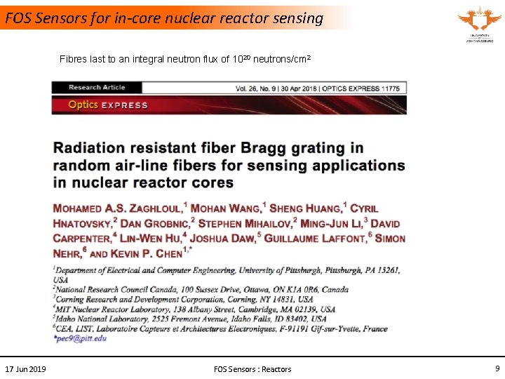 FOS Sensors for in-core nuclear reactor sensing Fibres last to an integral neutron flux