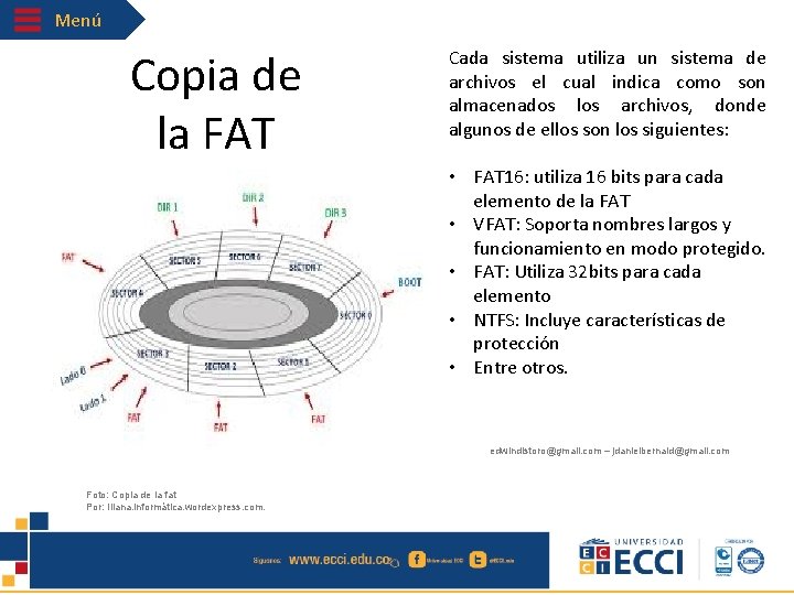 Menú Copia de la FAT Cada sistema utiliza un sistema de archivos el cual