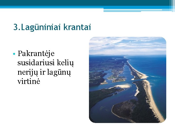 3. Lagūniniai krantai • Pakrantėje susidariusi kelių nerijų ir lagūnų virtinė 