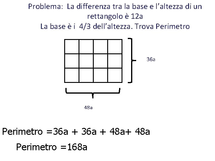 Problema: La differenza tra la base e l’altezza di un rettangolo è 12 a