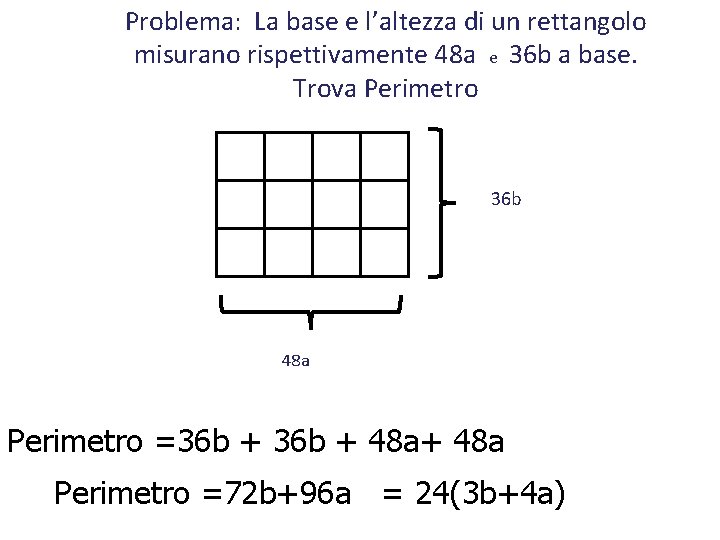 Problema: La base e l’altezza di un rettangolo misurano rispettivamente 48 a e 36