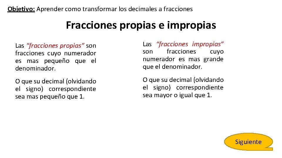 Objetivo: Aprender como transformar los decimales a fracciones Fracciones propias e impropias Las “fracciones