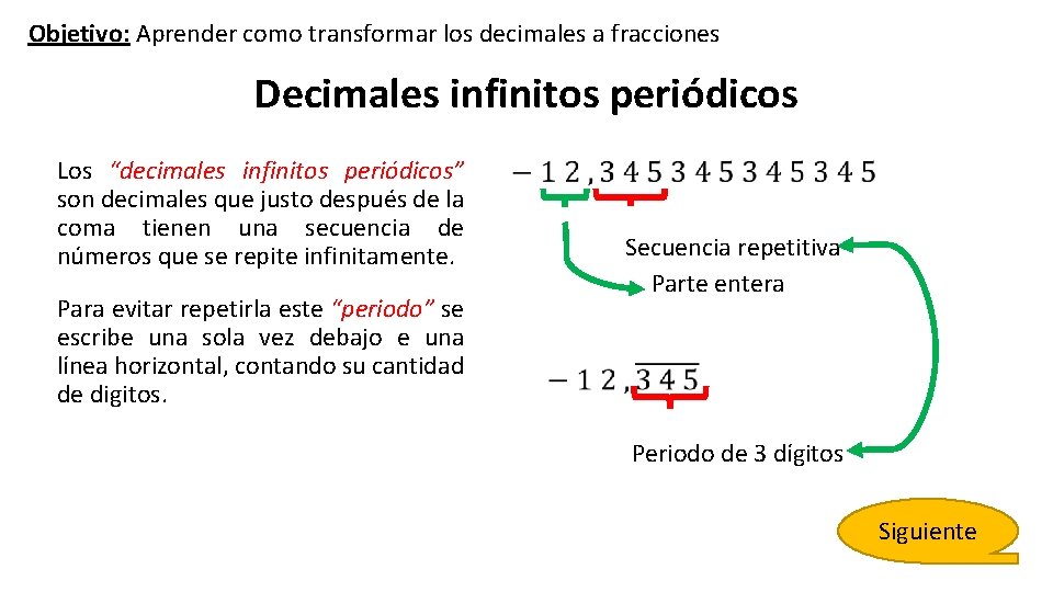 Objetivo: Aprender como transformar los decimales a fracciones Decimales infinitos periódicos Los “decimales infinitos