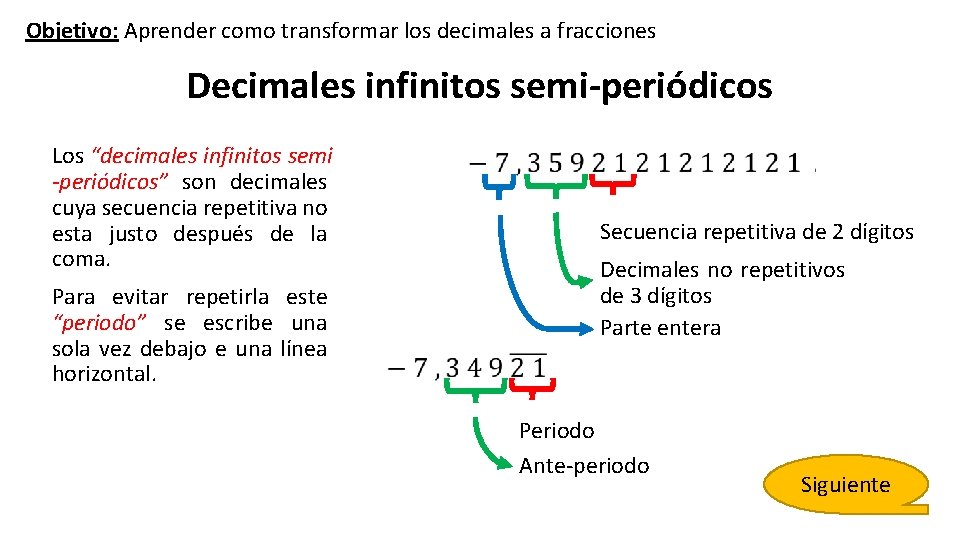 Objetivo: Aprender como transformar los decimales a fracciones Decimales infinitos semi-periódicos Los “decimales infinitos