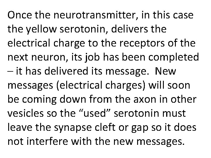 Once the neurotransmitter, in this case the yellow serotonin, delivers the electrical charge to