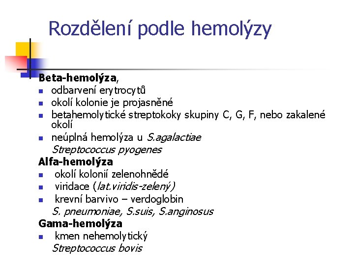 Rozdělení podle hemolýzy Beta-hemolýza, n odbarvení erytrocytů n okolí kolonie je projasněné n betahemolytické