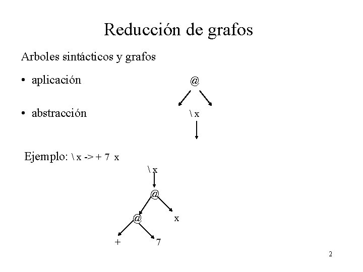 Reducción de grafos Arboles sintácticos y grafos • aplicación @ • abstracción x Ejemplo: Reducción de grafos Arboles sintácticos y grafos • aplicación @ • abstracción x Ejemplo:
