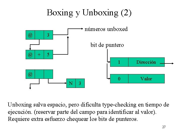Boxing y Unboxing (2) @ números unboxed 3 bit de puntero @ + 5