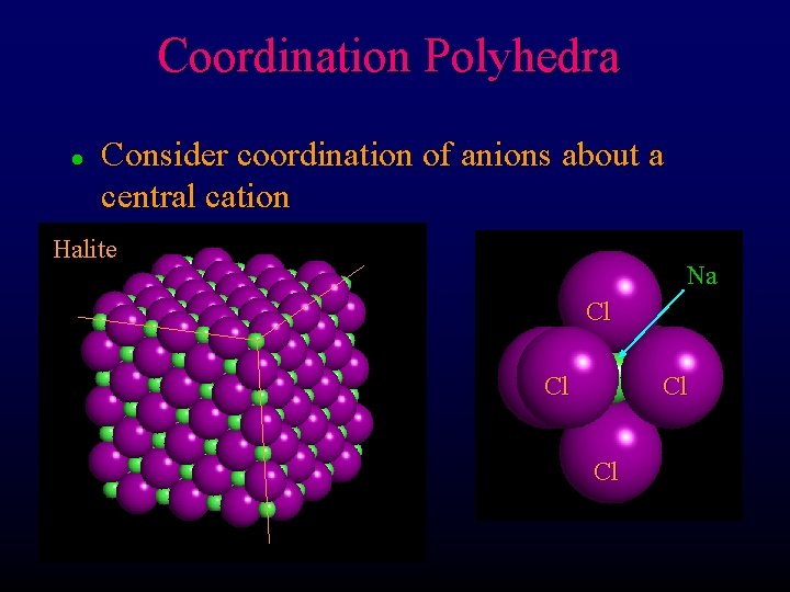 Coordination Polyhedra l Consider coordination of anions about a central cation Halite Na Cl