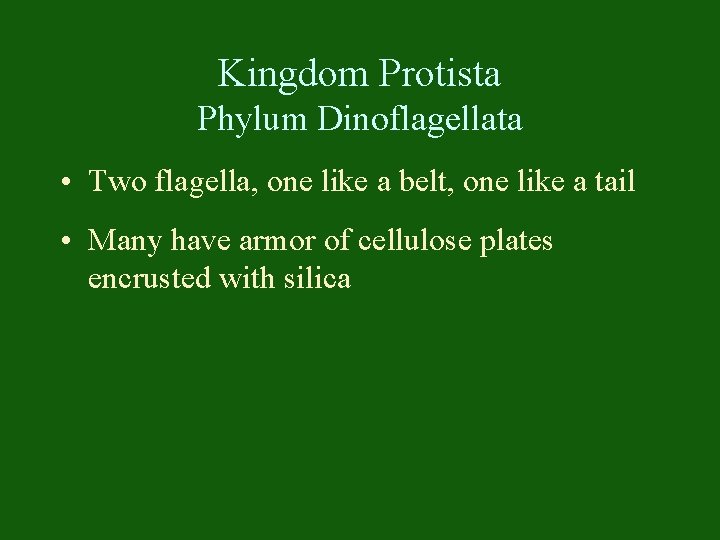 Kingdom Protista Phylum Dinoflagellata • Two flagella, one like a belt, one like a