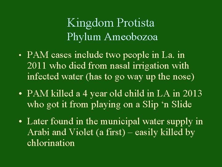 Kingdom Protista Phylum Ameobozoa • PAM cases include two people in La. in 2011