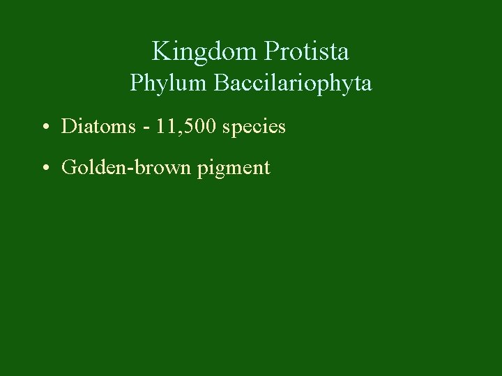 Kingdom Protista Phylum Baccilariophyta • Diatoms - 11, 500 species • Golden-brown pigment 