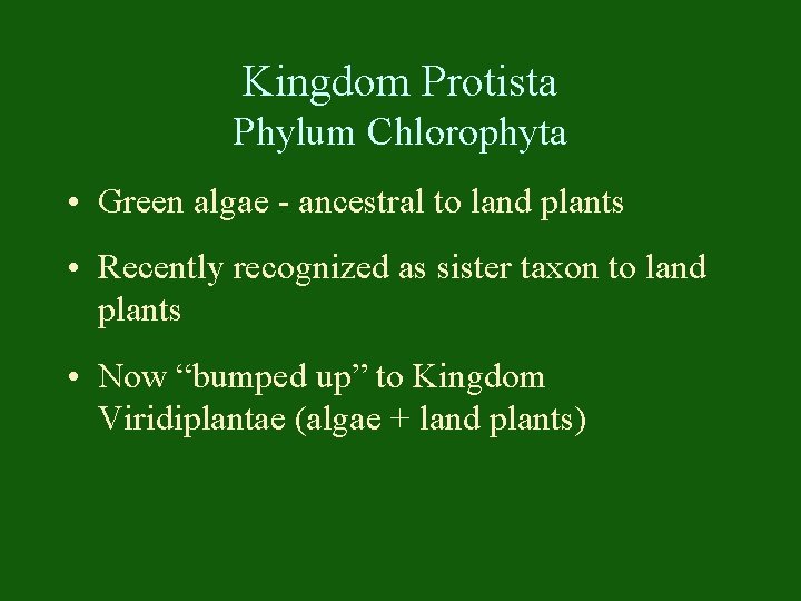 Kingdom Protista Phylum Chlorophyta • Green algae - ancestral to land plants • Recently