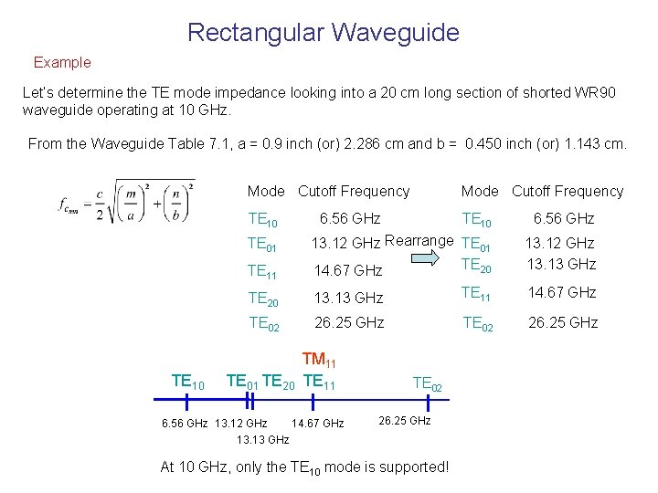 Rectangular Waveguide Example Let’s determine the TE mode impedance looking into a 20 cm