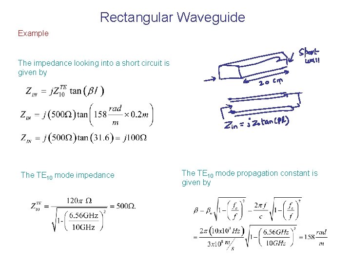 Rectangular Waveguide Example The impedance looking into a short circuit is given by The