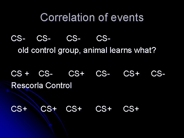 Correlation of events CS- CSCSCSold control group, animal learns what? CS + CSCS+ Rescorla