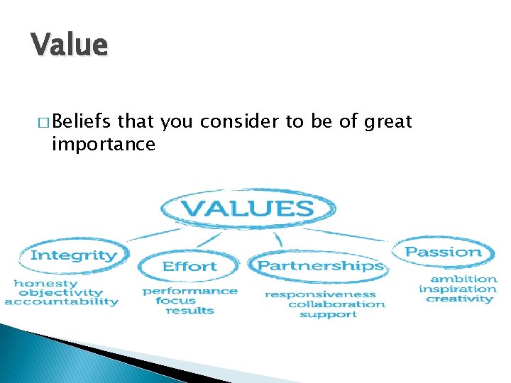 Value � Beliefs that you consider to be of great importance 